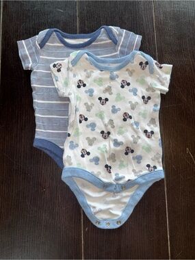 Disney Baby Blue Striped & Mickey Print One-Piece Bodysuits - Blue/White